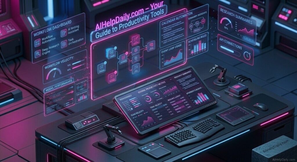 Futuristic 3D isometric productivity studio with holographic panels reading “best ai tools for productivity,” aihelpdaily.com branding in the corner.
