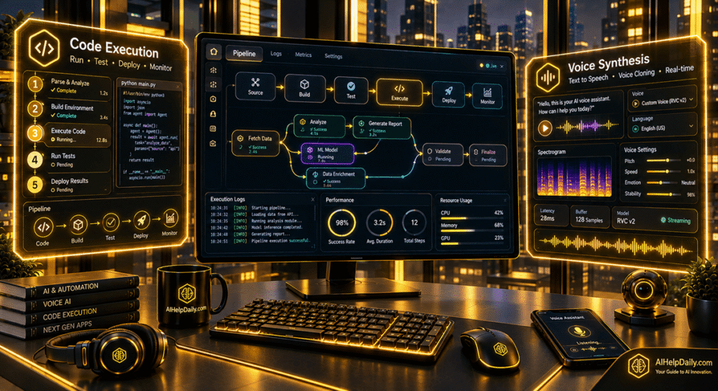 Sleek dashboard showing holographic panels “Code Execution” and “Voice Synthesis” with audio charts.