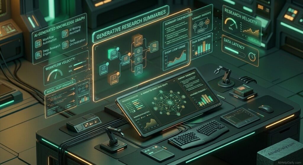 Isometric workspace with holographic panel labeled “Generative Research Summaries” and monitor showing summary dashboards.