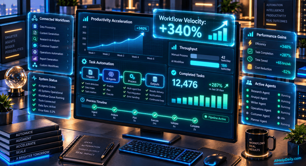 Isometric workspace with holographic panel labeled “Workflow Velocity: +340%” and monitor showing acceleration charts.