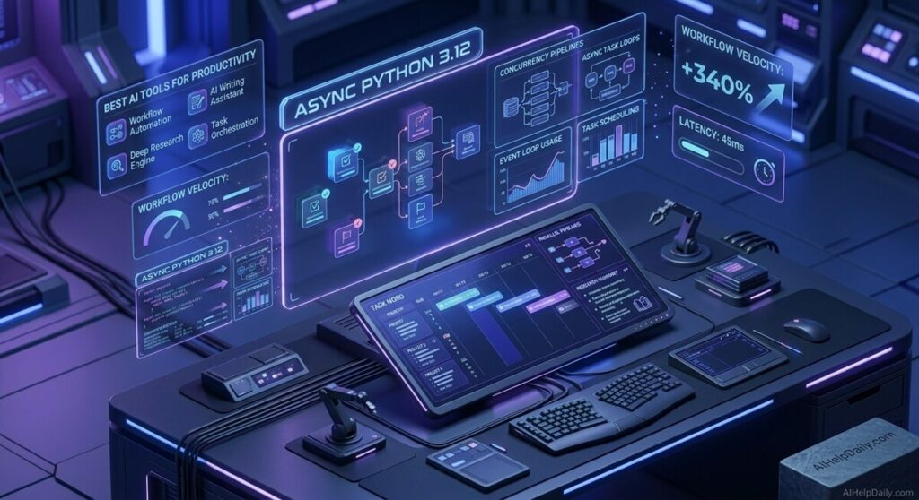 best ai tools for productivity: High-tech 3D isometric workspace showing interconnected AI productivity tools, autonomous agent loops, and smart scheduling interfaces.
