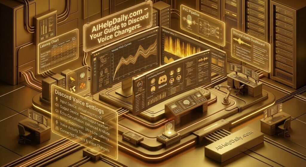 A complex, multi-tiered, golden-lit futuristic 3D audio command center and data lab, detailed with numerous curved and flat-screen monitors, keyboards, trackpads, and small articulated robotic arms. Floating and integrated screens display glowing amber text, graphs, and icons, including "AIHelpDaily.com – Your Guide to Discord Voice Changers" on a large sign, along with "Discord Voice Settings," "Latency Chart," "Neural Pitch Curves," and "RVC Pipeline." A central console screen features a prominent Discord logo and "Ura Voice Dashboard." The entire environment is constructed with polished and brushed gold alloy surfaces, interconnected by glowing amber-lit conduits and server racks filled with data units. Warm golden light emanates from all displays and light strips, creating reflections. The perspective is a 3D isometric view. "AIHelpDaily.com" branding is visible in the bottom corner.