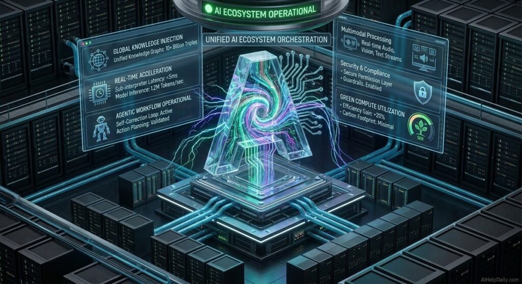 This detailed technical visualization presents a comprehensive blueprint for a cohesive Artificial Intelligence datacenter ecosystem, projected for the year 2026. The breathtaking, 3D isometric view showcases a vast, unified network of advanced dark carbon-fiber server arrays, expertly interconnected by sophisticated aquatic liquid cooling pipes. These pipes are woven with pulsing emerald green and cyan light trails, emphasizing integrated, Green Computing from the ground up.