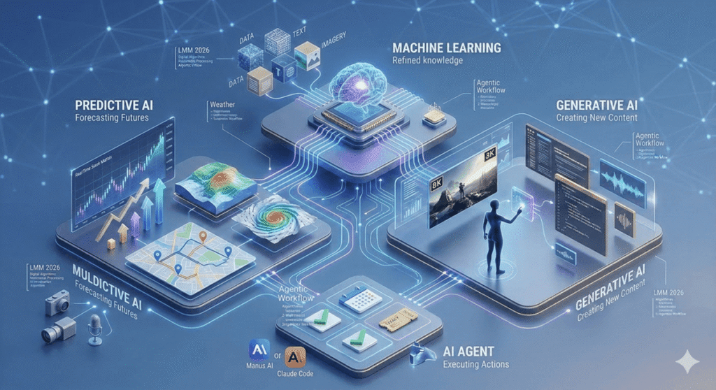 A conceptual 3D isometric diagram illustrating an agentic AI workflow in 2026. The process shows a autonomous AI agent using multi-interpreters to complete complex tasks. The workflow steps include 'User Query Initiation', 'Neural Language Processing', 'Model Inference', 'Action Planning', and 'Self-Correction Loop'. The diagram is set within a fütüristik digital operations console featuring holographic data panels, real-time code streams, and a central glowing neural core. Performance dashboards show 'Agent Velocity' and 'Decision Latency' metrics, with 'Secure Permission Layer' and 'Compliance Check' guardrails active. The aesthetic uses deep graphite and sapphire blue tones with amber status accents.