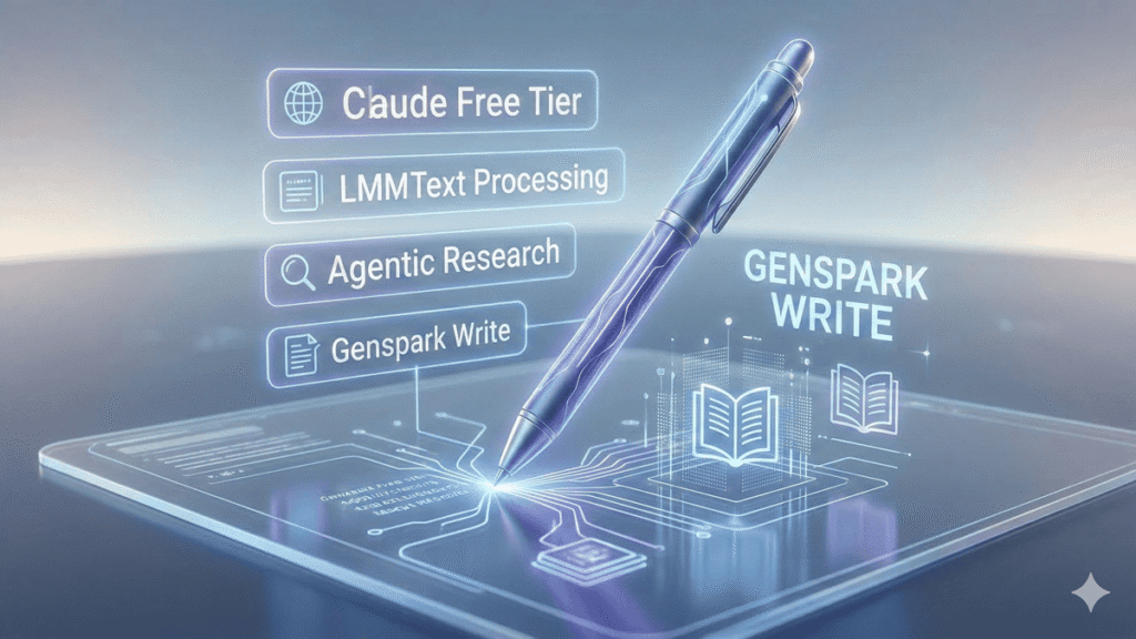 Using Claude Free Tier and Genspark Write for AI-assisted research and content creation.