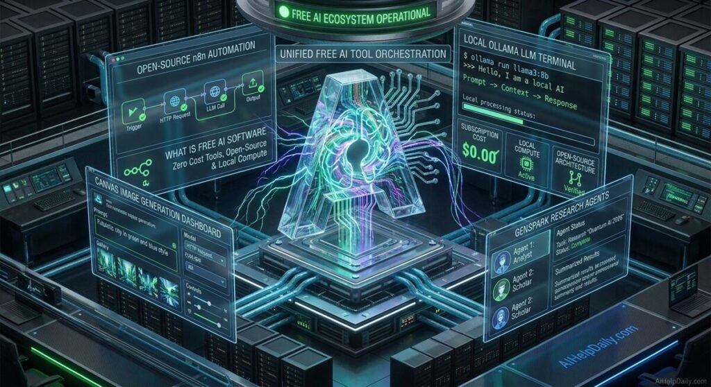 best free ai tools 2026: 3D isometric visualization of zero-cost open-source AI tools, local LLMs, automated n8n workflows, and design software.