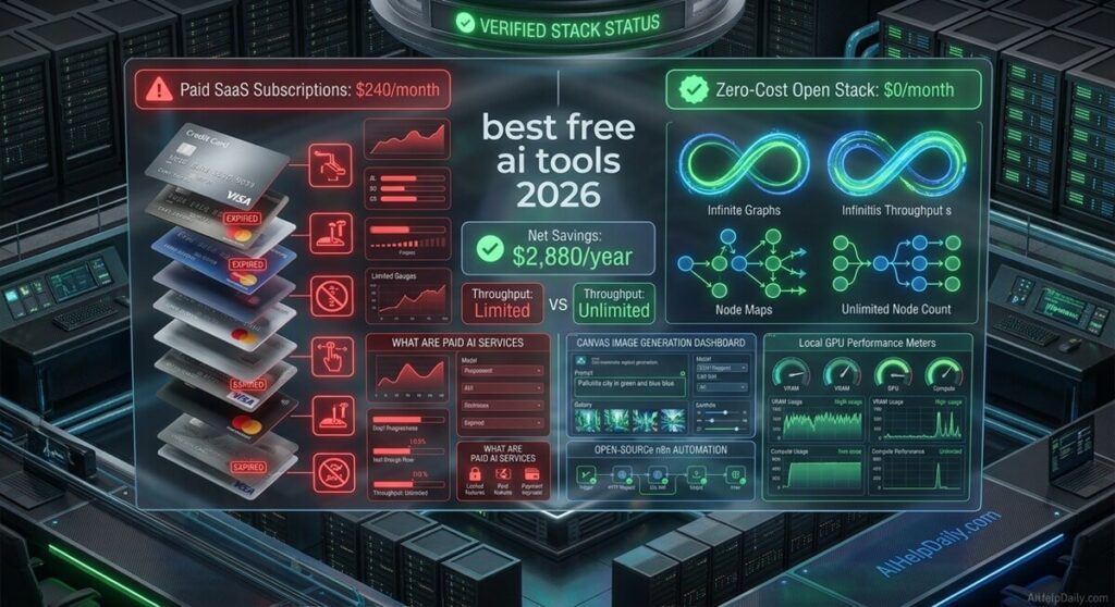 best free ai tools 2026: 3D HUD dashboard comparing paid AI subscriptions ($200/mo) against zero-cost open-source stack ($0/mo).