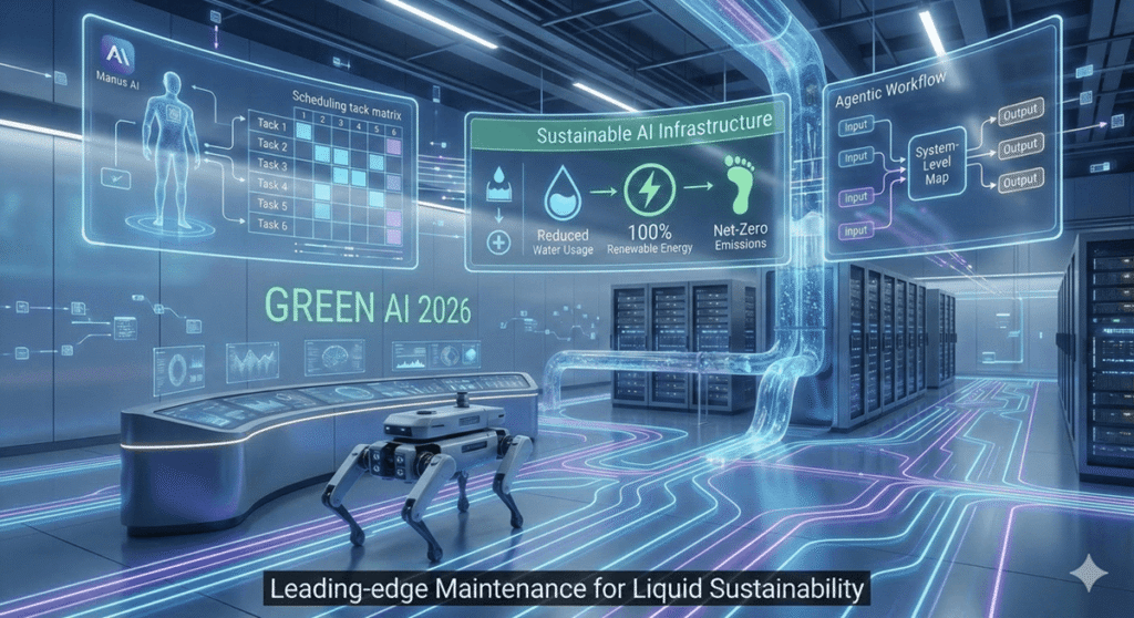 A visualization of a sustainable AI datacenter in 2026, optimized for green computing. Multiple, sleek dark carbon-fiber server arrays are laid out in a vast, complex geometric matrix. The servers are interconnected by advanced aquatic liquid-cooling pipes, woven with pulsing emerald green and cyan light trails. Floating holographic interfaces show real-time performance and efficiency metrics. A large central HUD prominently displays green icons, a progress wheel with '20% Efficiency Gain', and a checkmark, with specific performance text: 'Neural Capacity: 1.8 Trillion Parameters' and 'Green Compute: Active'. The entire environment is clean, with integrated solar and geothermal power collection nodes subtly blended into the structure. Subtle text at the bottom corner reads: 'AIHelpDaily.com'.