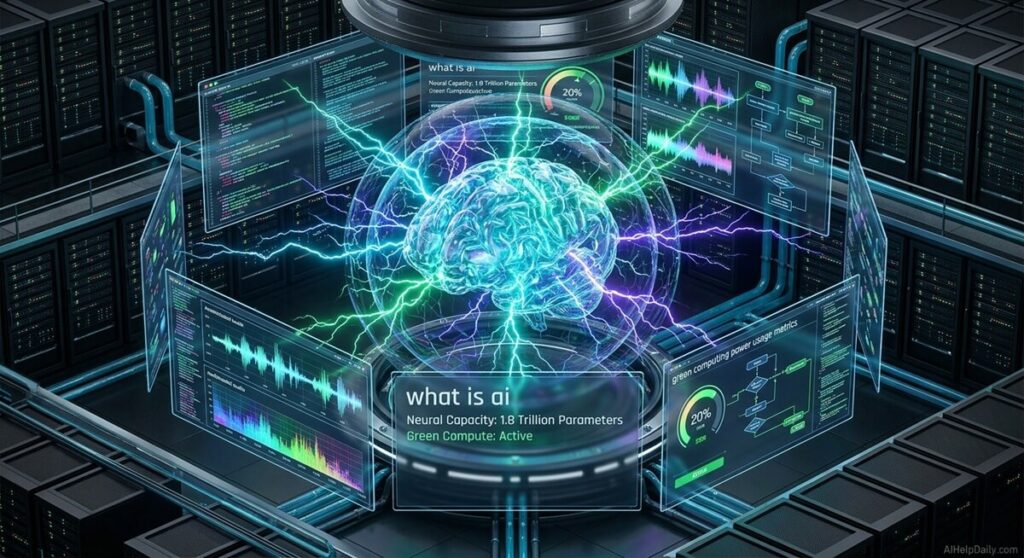 what is ai: High-tech 3D isometric visualization of neural networks, multimodal data streams, autonomous agent loops, and eco-friendly data center chips.