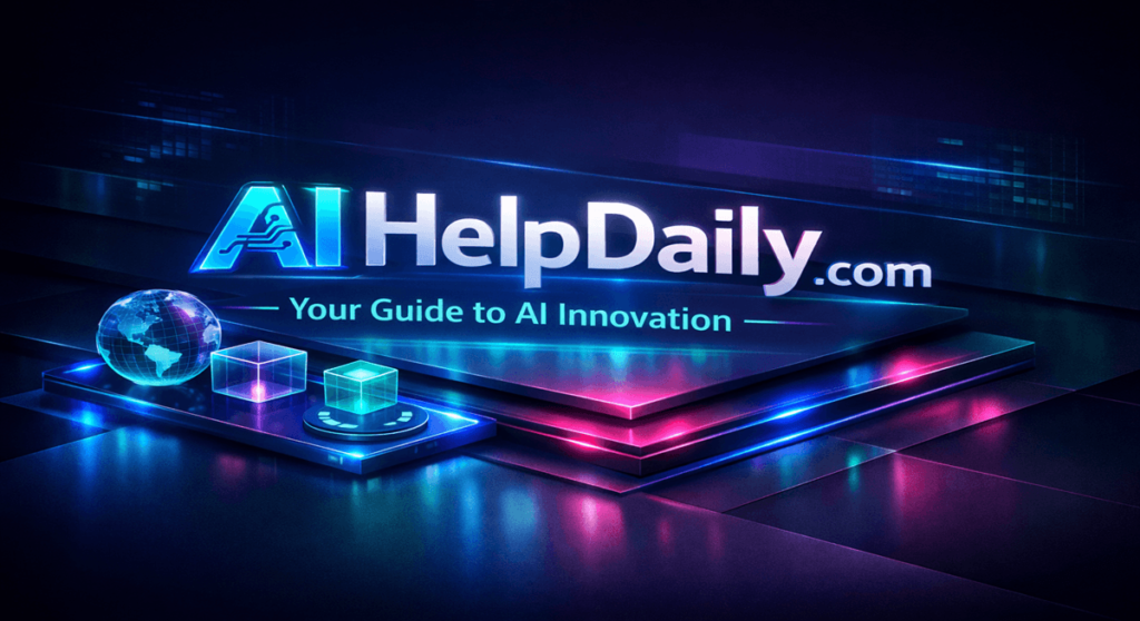 A sleek branding composition emphasizing AIHelpDaily’s identity as a hub for cutting‑edge AI insights and creative technology.
