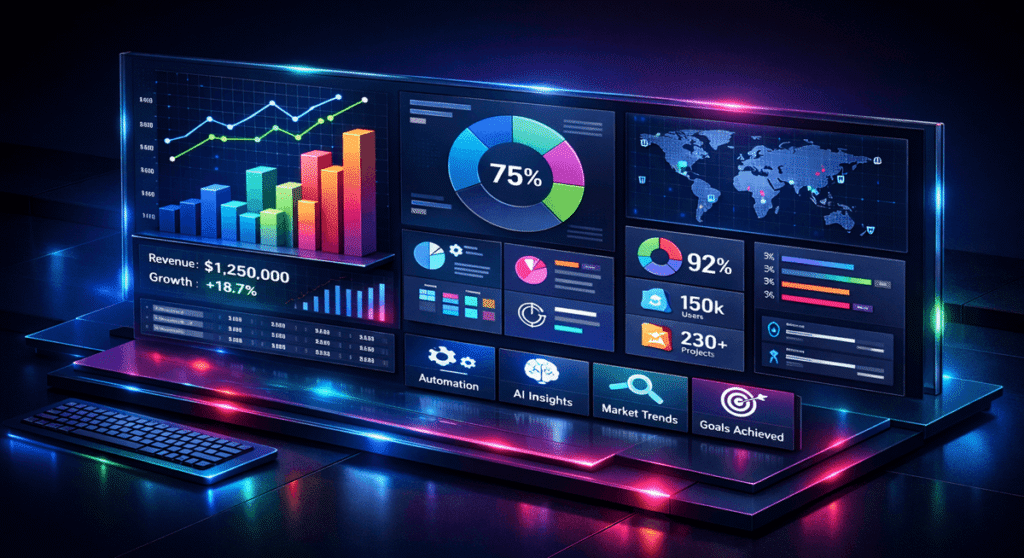 Advanced AI dashboard design for corporate analytics and automated data presentation, featuring dynamic charts and KPI panels.
