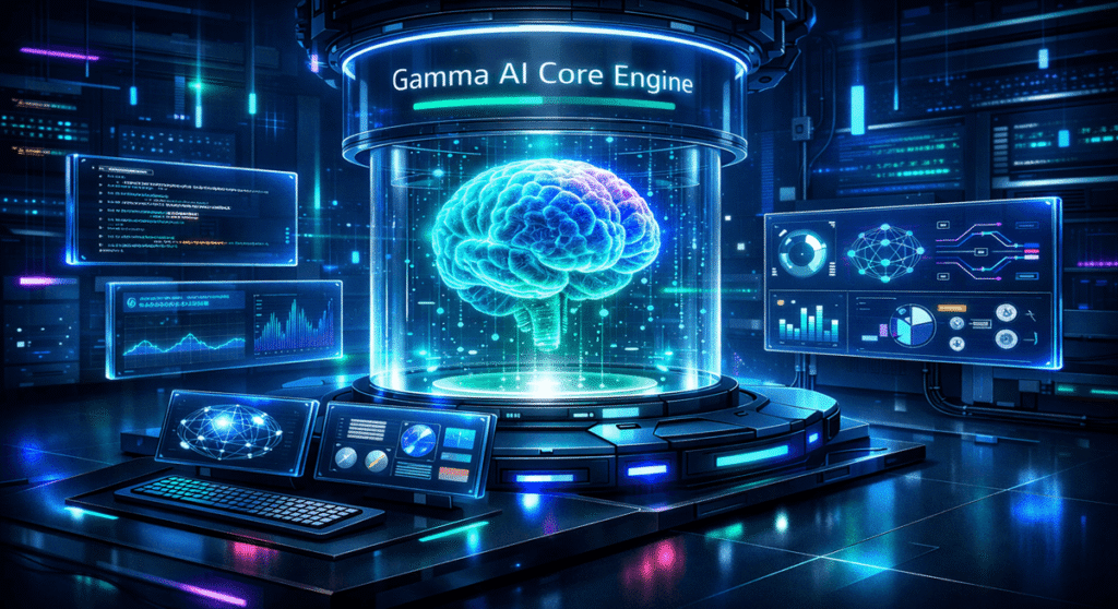 A futuristic AI lab scene visualizing the Gamma Core Engine powering automated slide generation and intelligent content creation.