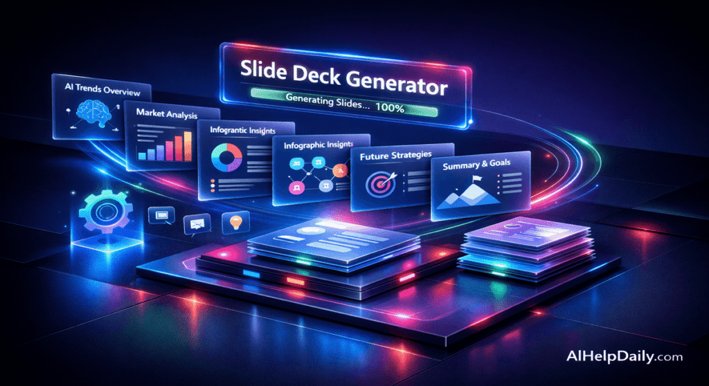 A dynamic visualization of automated slide creation, showing interactive infographics and glowing progress indicators.