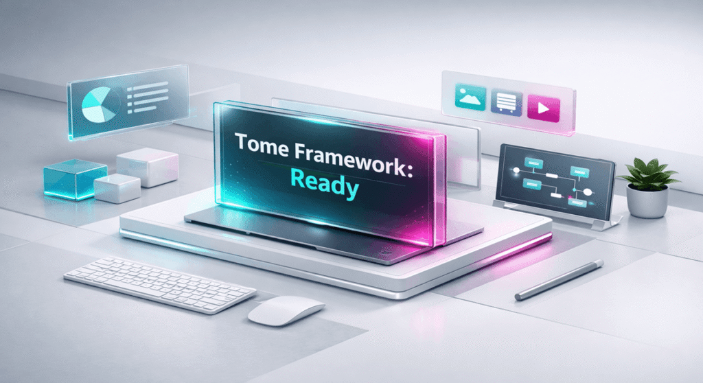 A clean, minimalist workspace highlighting the Tome Framework’s precision and efficiency in AI‑driven presentation design.