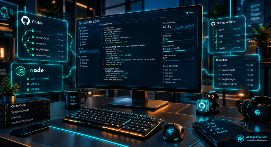 claude code tutorial: A futuristic developer terminal interface showing Anthropic's Claude Code autonomous agent executing full-stack operations.