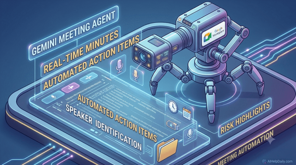 Google AI (Gemini) automatically generating structured meeting minutes and action items from a Google Meet call.