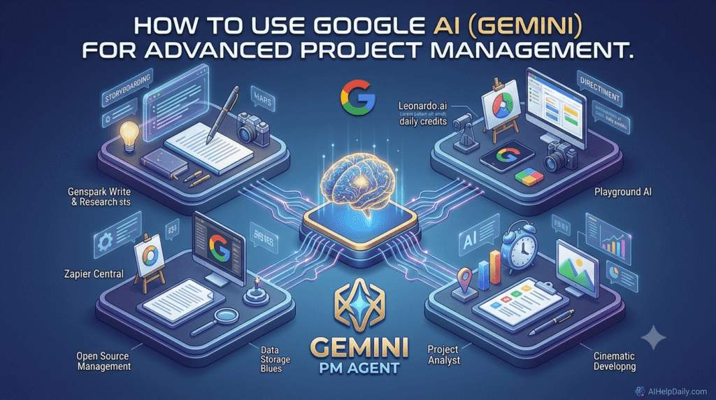 A detailed infographic showing how to use Google AI (Gemini) for Advanced Project Management, automation, and Workspace integration.