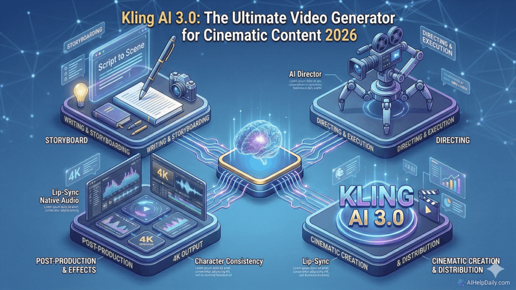 A comprehensive infographic showcasing Kling AI 3.0's cinematic video generation features