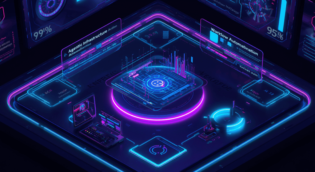 A futuristic dashboard displaying real‑time agentic metrics, automation progress bars, and glowing status indicators.