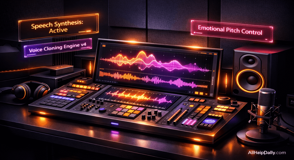 A dynamic dashboard displaying real-time audio metrics, waveform analysis, and automation progress bars.