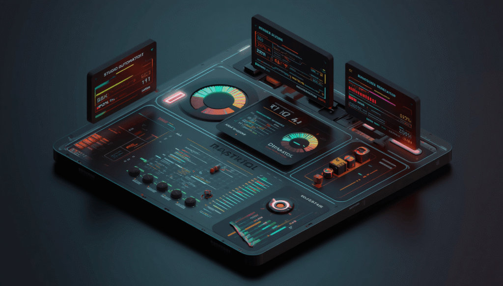 A dynamic dashboard displaying live rendering metrics, lighting adjustments, and automated background generation.