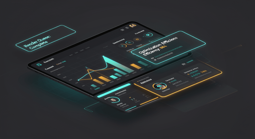 Sleek dashboard with neon cyan and amber accents showing render queue completion and optimization efficiency.