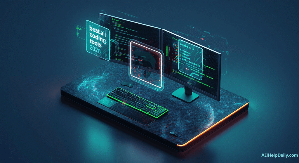 A branding composition emphasizing AIHelpDaily’s identity as a hub for cutting‑edge AI development tools and automation.