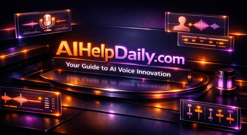 A branding composition emphasizing AIHelpDaily’s identity as a hub for cutting-edge AI voice changers and cloning tools.