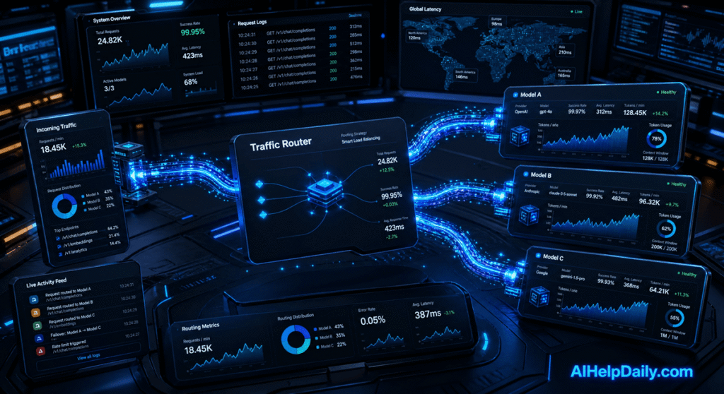 Monitor API traffic flow, routing efficiency, and fallback performance with advanced dashboards for enterprise AI systems.