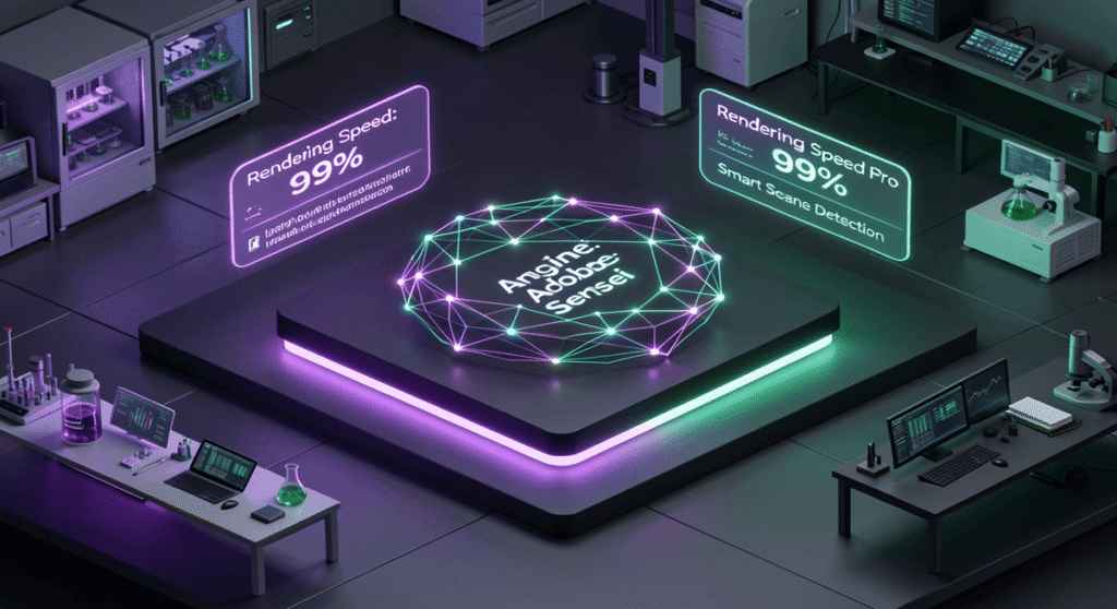 Isometric AI lab with glowing neural network sphere labeled Adobe Sensei Pro, surrounded by holographic panels.