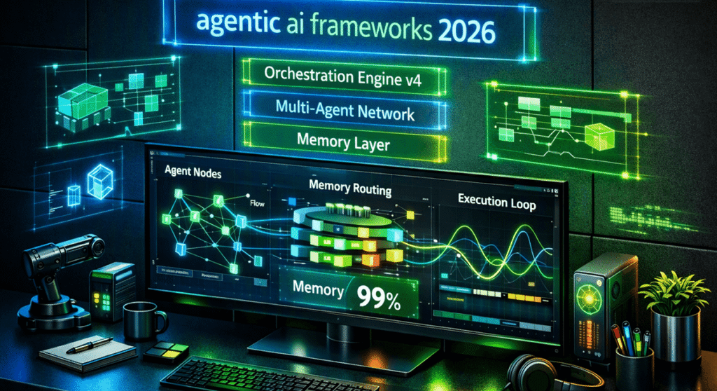 Sleek dashboard showing holographic panels with “Orchestration Engine v4” and “Multi‑Agent Network” analytics charts.