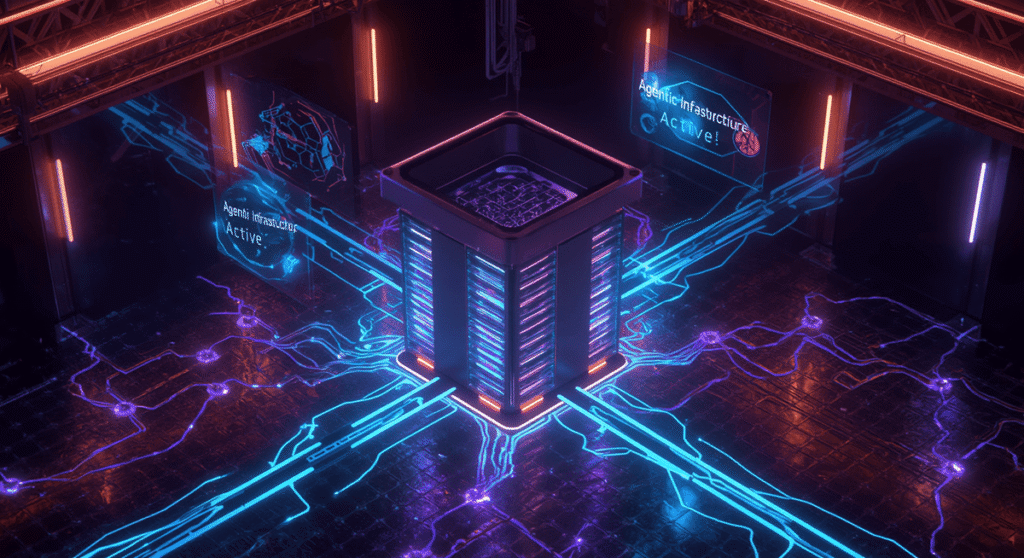 A hyper‑modern visualization of autonomous infrastructure where AI agents manage workflows, servers, and tasks seamlessly.