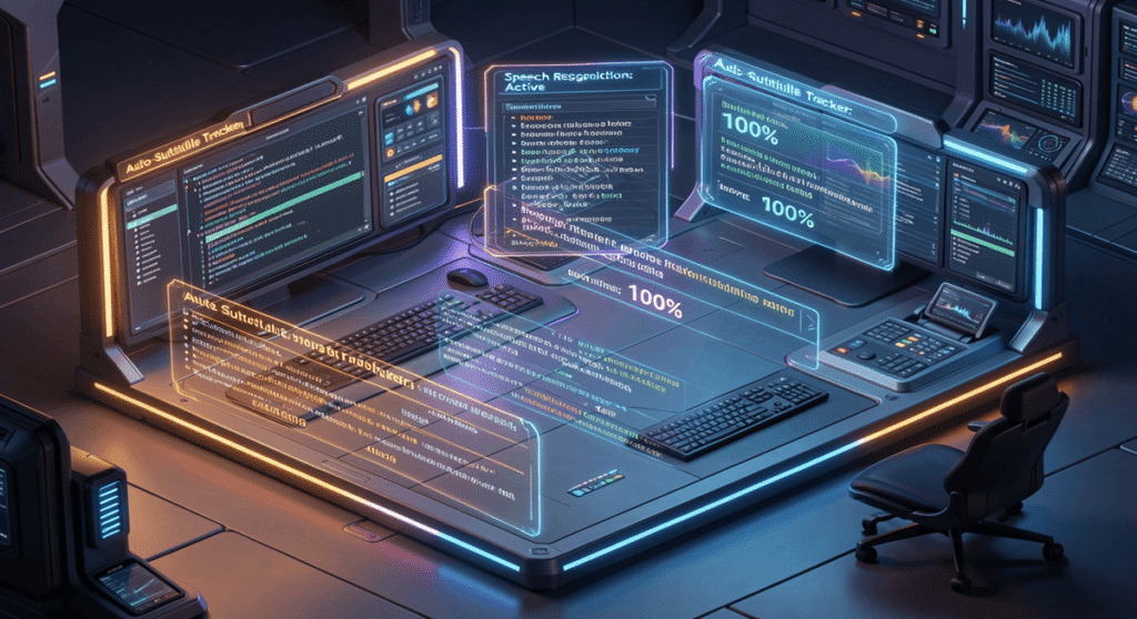 Futuristic editing bay with holographic subtitle overlays and glowing panels showing auto-subtitle tracker at 100%.