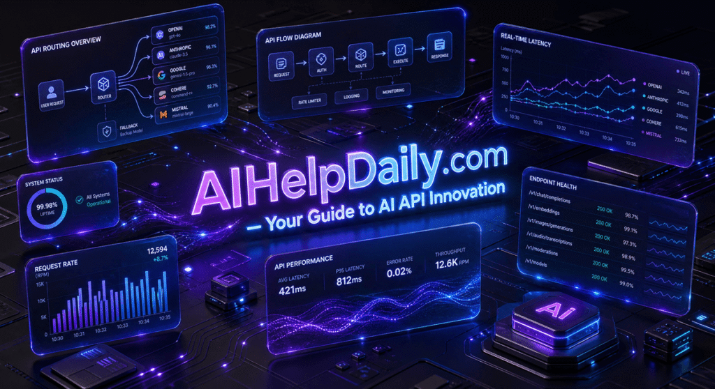 Futuristic 3D isometric cloud architecture workspace with widescreen monitor showing multi‑model API routing, latency graphs, and token cost heatmaps, holographic panels reading “ai api management tools 2026,” AIHelpDaily.com branding in the corner.