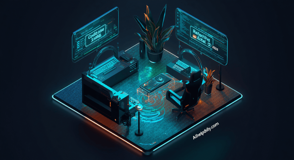 A premium 3D isometric cover showcasing a dual-monitor AI coding workstation with glowing neural code webs and subtle AIHelpDaily.com branding.