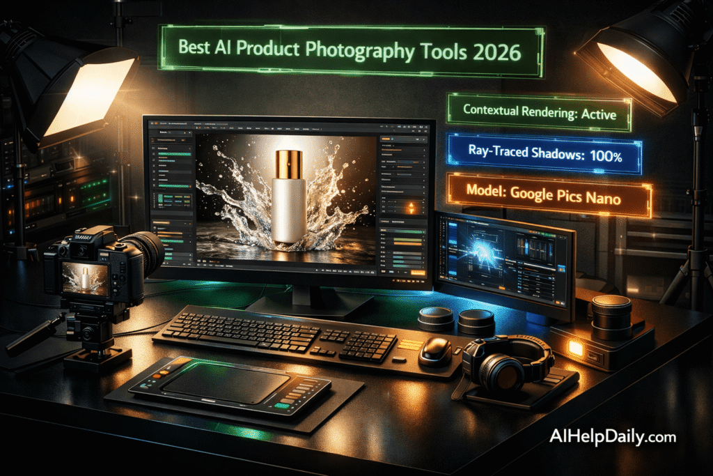 A premium 3D isometric cover showcasing a futuristic e‑commerce photography studio with dynamic product rendering and subtle AIHelpDaily.com branding.