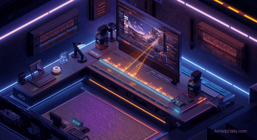 Futuristic 3D isometric video editing bay with widescreen monitor slicing silent spaces using glowing lasers, AIHelpDaily.com branding in the corner.