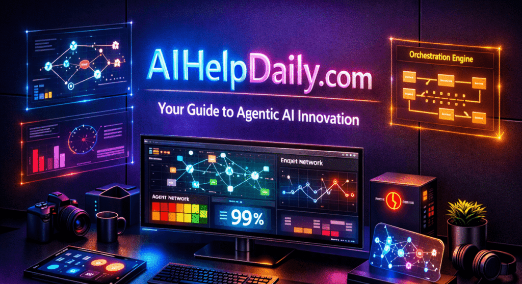 Futuristic 3D isometric engineer’s workspace with widescreen monitor showing interconnected agent nodes and orchestration pipelines, holographic panels reading “agentic ai frameworks 2026,” AIHelpDaily.com branding in the corner.