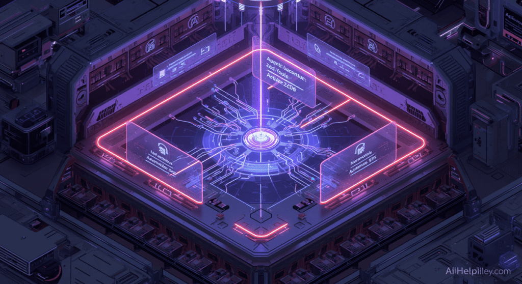 A premium 3D isometric cover showcasing a futuristic AI agent command center with glowing neural tracks and translucent UI panels.