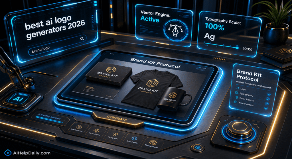 A dynamic visualization of automated brand kit creation, showing business cards, merchandise, and glowing progress indicators.