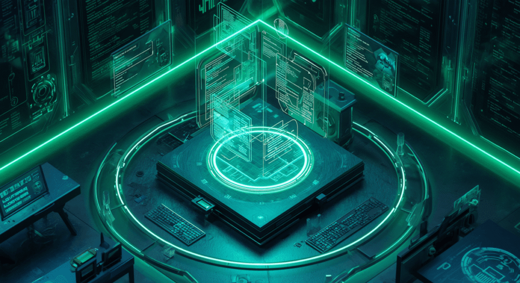 A futuristic coding environment visualizing automated code indexing and dependency mapping with neon emerald and cyan highlights.