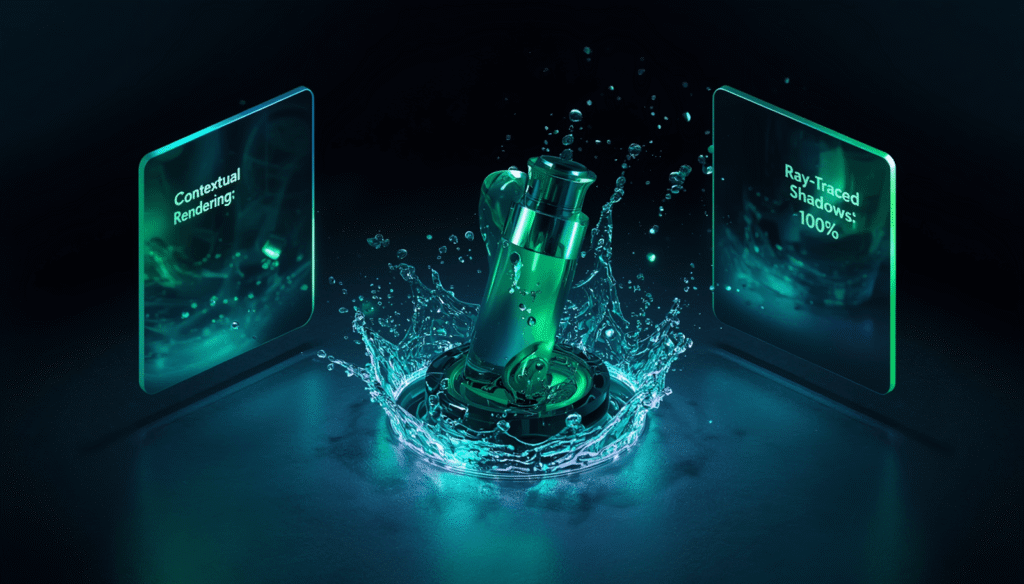 A sleek studio environment highlighting AI contextual rendering with realistic water splashes and ray‑traced lighting.