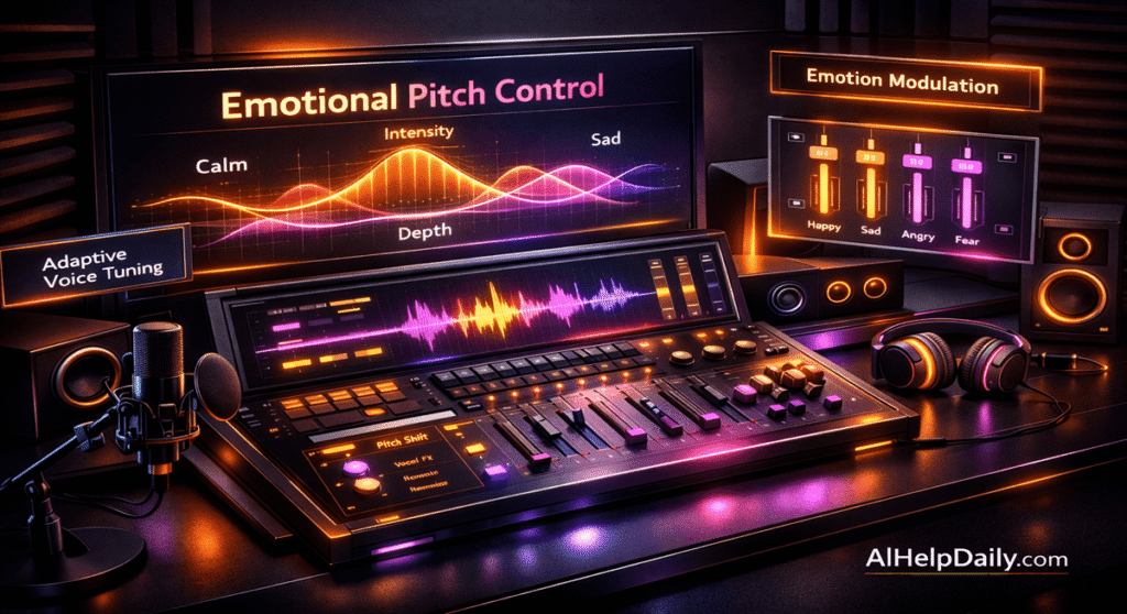 A sleek workspace showing neon pitch curves and emotional modulation panels for expressive AI audio.