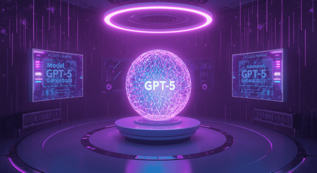 A high‑tech AI lab scene highlighting GPT‑5’s autonomous code generation engine with holographic neural networks.