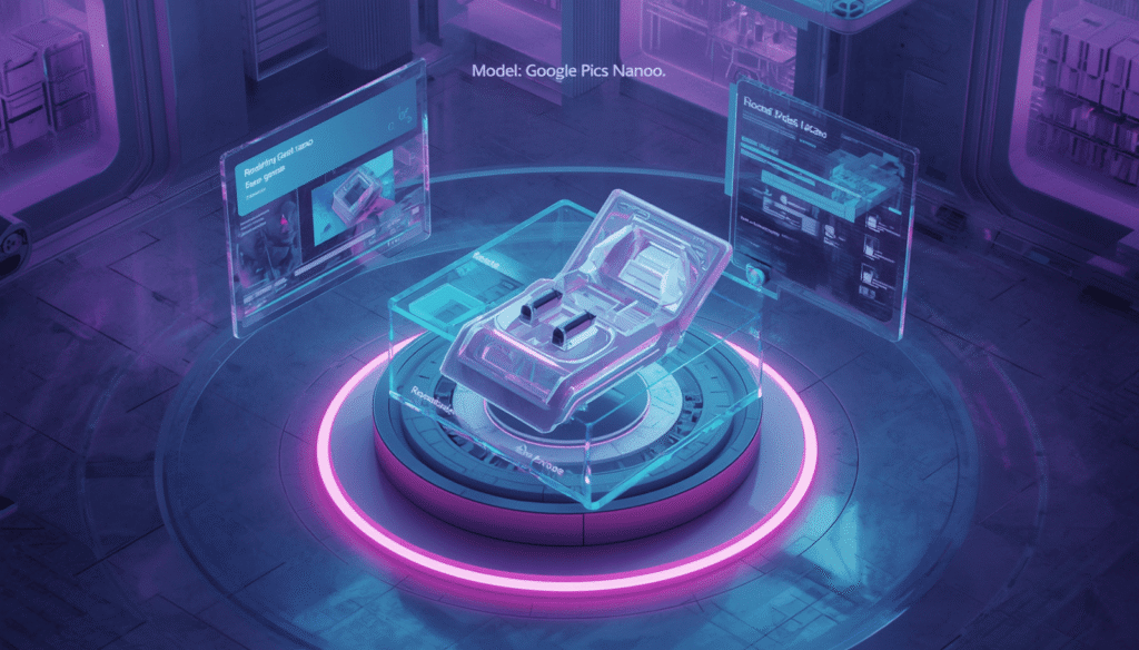 A futuristic lab scene visualizing autonomous product transformation powered by Google Pics Nano AI.