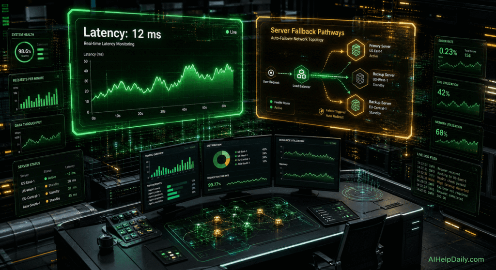 Isometric workspace with holographic panel labeled “Latency: 12 ms” and monitor showing latency graphs and failover routes.