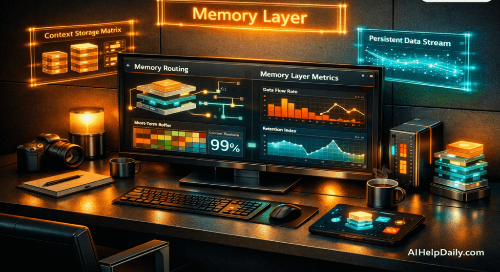 Isometric workspace showing holographic panel labeled “Memory Layer” and monitor displaying memory routing pipelines.