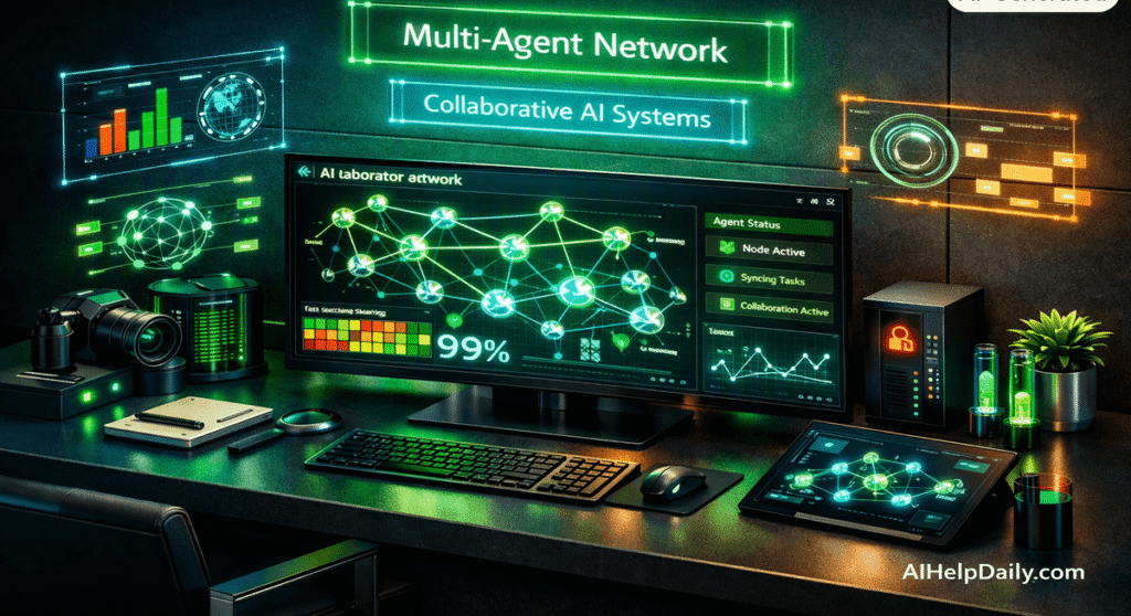 Futuristic lab scene with holographic panels reading “Multi‑Agent Network” and glowing green neural connections.