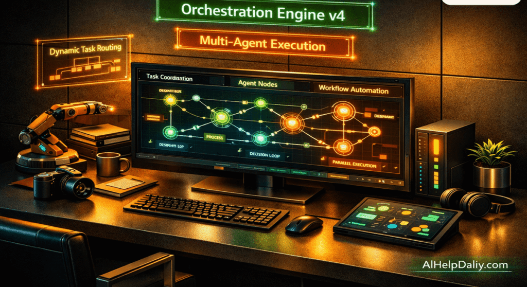 Isometric workspace with holographic panel labeled “Orchestration Engine v4” and monitor showing interconnected workflow loops.