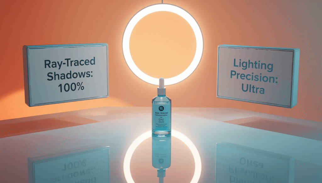 A high‑end workspace showing advanced ray‑traced shadow simulation for product photography.
